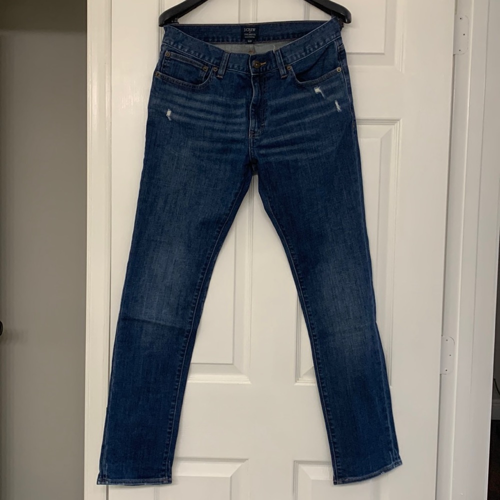 Men’s J Crew Factory Driggs Jeans Stonewashed Straight Distressed Denim (31x32).
